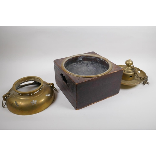 37 - An antique Japanese brass censer housed within an oak box, with an associated cover, 26 x 26cm, 35cm... 