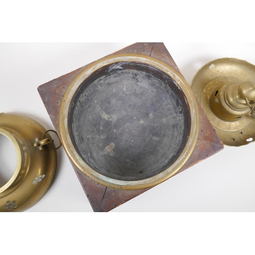 37 - An antique Japanese brass censer housed within an oak box, with an associated cover, 26 x 26cm, 35cm... 