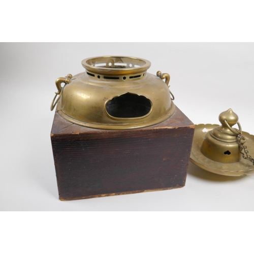 37 - An antique Japanese brass censer housed within an oak box, with an associated cover, 26 x 26cm, 35cm... 