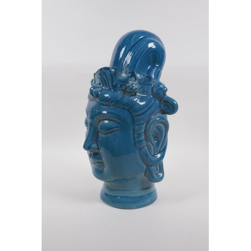 48 - A Chinese teal crackle glazed porcelain head bust of Quan Yin, character inscription to base, 32cm h... 