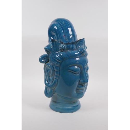 48 - A Chinese teal crackle glazed porcelain head bust of Quan Yin, character inscription to base, 32cm h... 