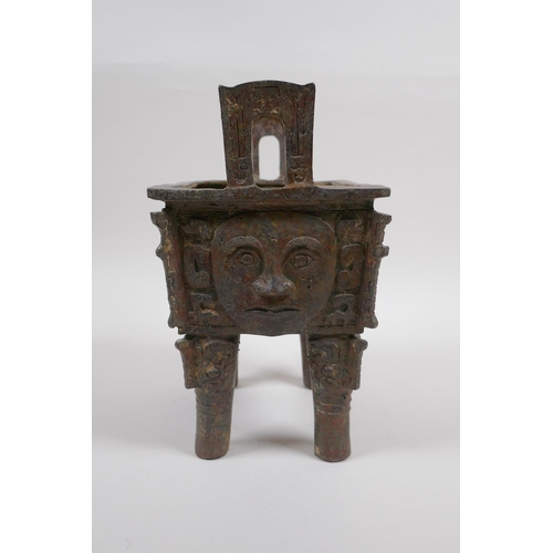 50 - A Chinese archaic style bronze censer with five handles and moonface decoration, 17 x 12cm, 20cm hig... 