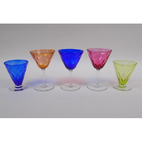 64 - Five 1940s Thomas Webb coloured cocktail glasses and a quantity of other early C20th coloured cockta... 