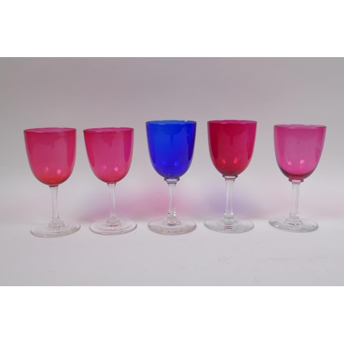 64 - Five 1940s Thomas Webb coloured cocktail glasses and a quantity of other early C20th coloured cockta... 