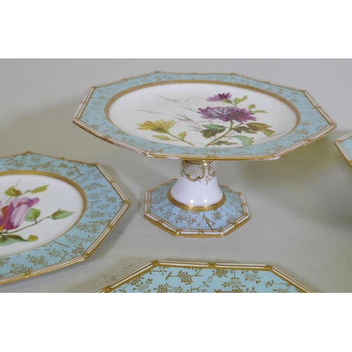 7 - A Wedgwood part dessert service, with hand painted botanical study decoration, two tazza and eight p... 