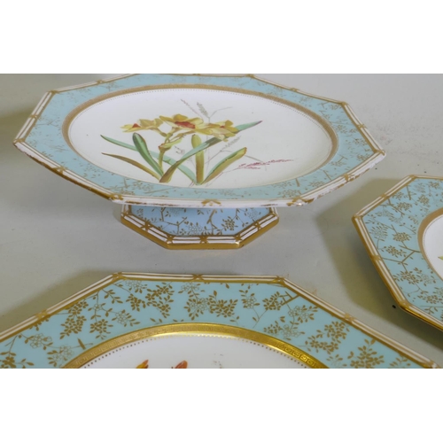 7 - A Wedgwood part dessert service, with hand painted botanical study decoration, two tazza and eight p... 