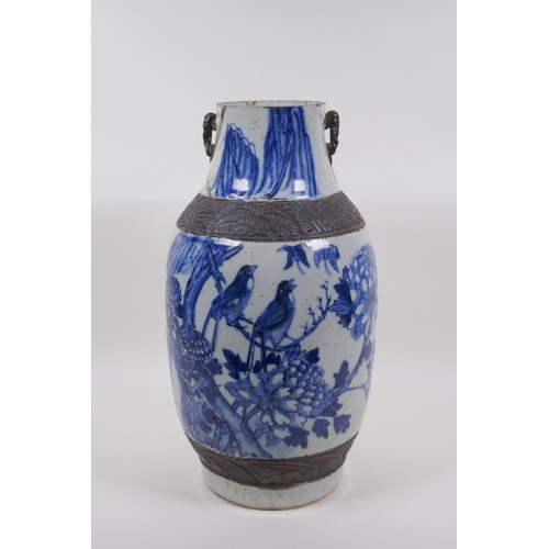 77 - A C19th Chinese blue and white crackle glaze porcelain vase decorated with asiatic birds, flowers an... 