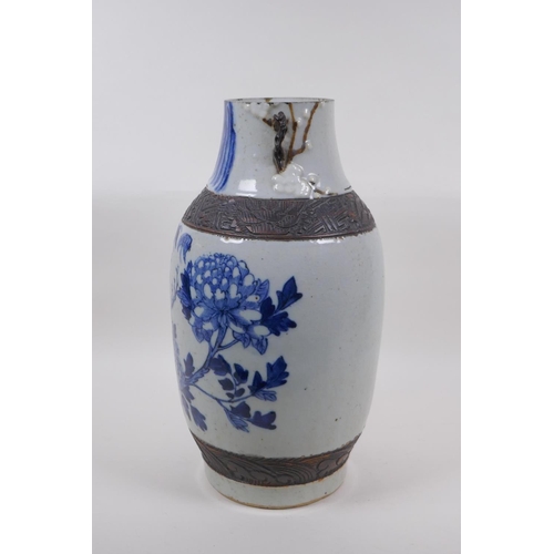 77 - A C19th Chinese blue and white crackle glaze porcelain vase decorated with asiatic birds, flowers an... 