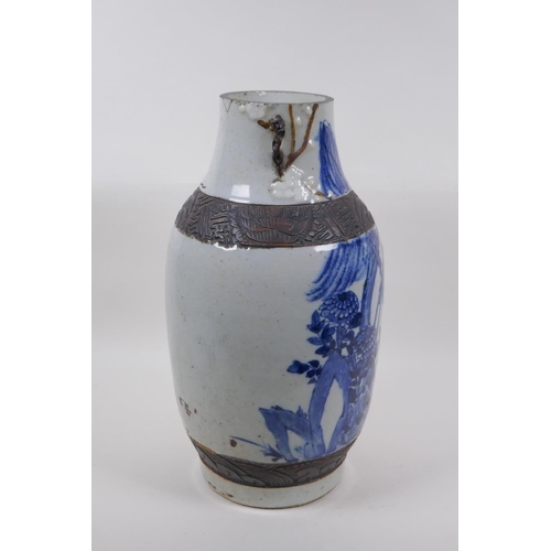 77 - A C19th Chinese blue and white crackle glaze porcelain vase decorated with asiatic birds, flowers an... 