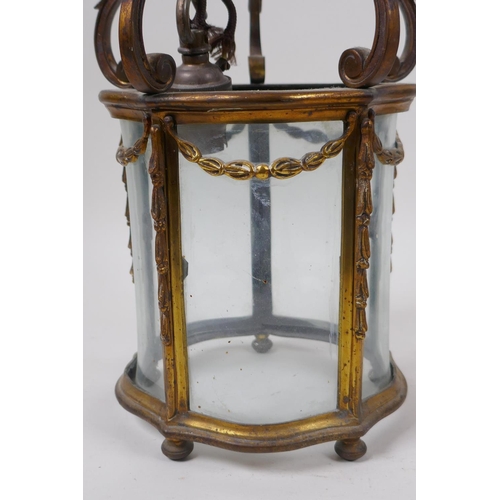 9 - An antique French ormolu and glass pendant lantern, converted to electricity, 24cm