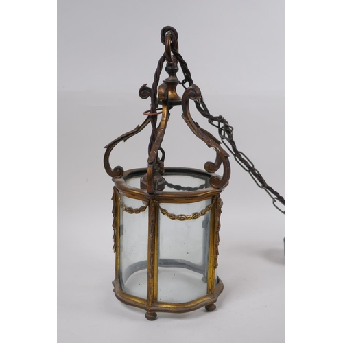 9 - An antique French ormolu and glass pendant lantern, converted to electricity, 24cm