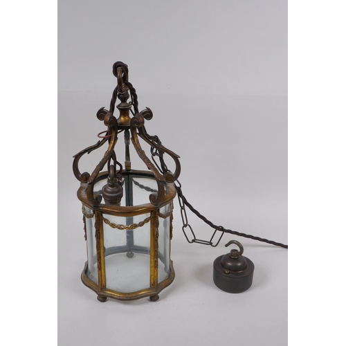 9 - An antique French ormolu and glass pendant lantern, converted to electricity, 24cm