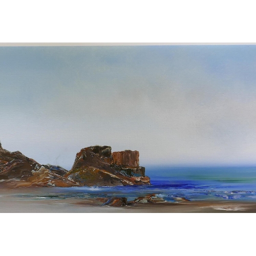 896 - Margaret Norton, three landscapes, Devon Coast, Moorland Bog and Ruins, oils on canvas, 50 x 25cm