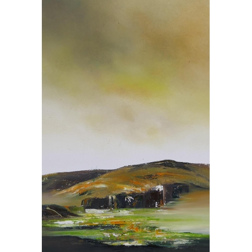 896 - Margaret Norton, three landscapes, Devon Coast, Moorland Bog and Ruins, oils on canvas, 50 x 25cm