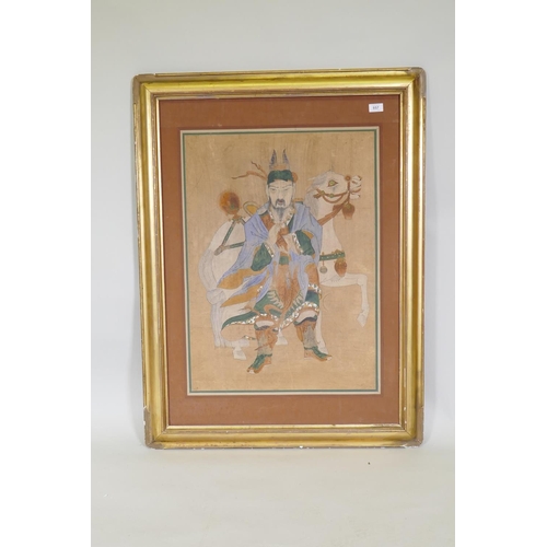 894 - Chinese watercolour print of a warrior with horse, mounted on silk and in a gilt frame, frame 81 x 1... 