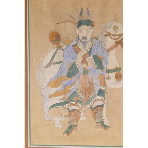 894 - Chinese watercolour print of a warrior with horse, mounted on silk and in a gilt frame, frame 81 x 1... 