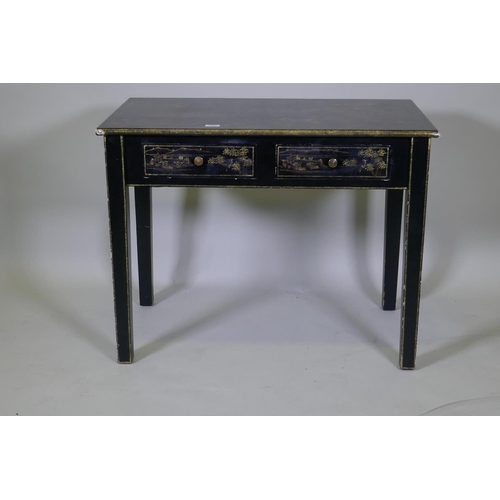 1004 - An OKA black lacquer two drawer side table with gilt chinoiserie decoration, raised on square suppor... 