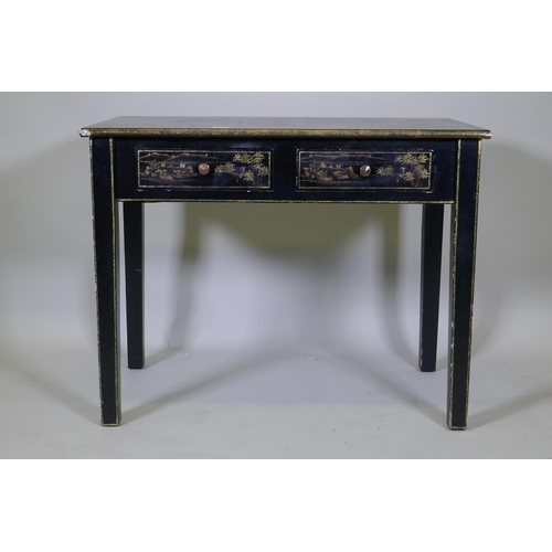 1004 - An OKA black lacquer two drawer side table with gilt chinoiserie decoration, raised on square suppor... 