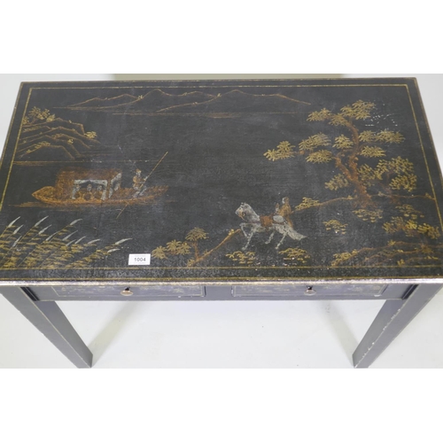 1004 - An OKA black lacquer two drawer side table with gilt chinoiserie decoration, raised on square suppor... 