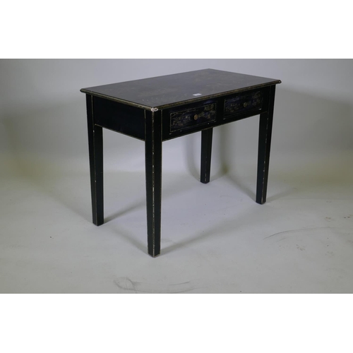 1004 - An OKA black lacquer two drawer side table with gilt chinoiserie decoration, raised on square suppor... 