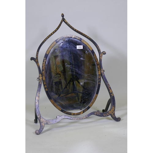 1005 - A 1920s black lacquer skeleton swing toilet mirror, with raised gilt chinoiserie decoration, AF, 50 ... 