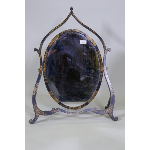 1005 - A 1920s black lacquer skeleton swing toilet mirror, with raised gilt chinoiserie decoration, AF, 50 ... 