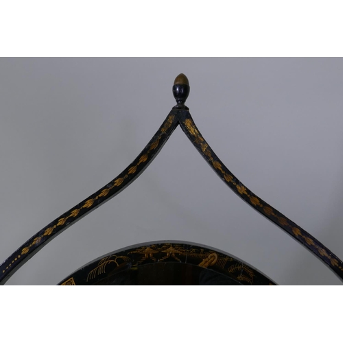 1005 - A 1920s black lacquer skeleton swing toilet mirror, with raised gilt chinoiserie decoration, AF, 50 ... 