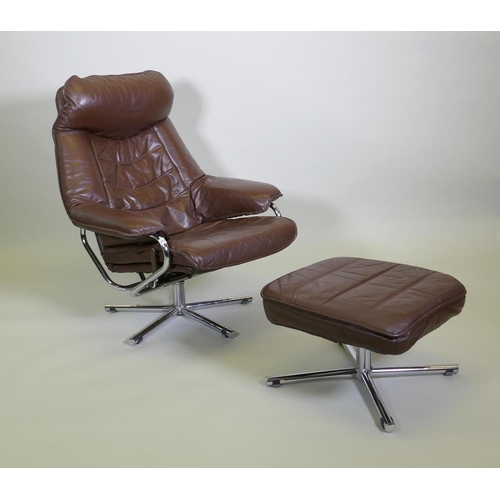 1011 - A mid century Norwegian reclining leather armchair and stool by Skoghaug Industries