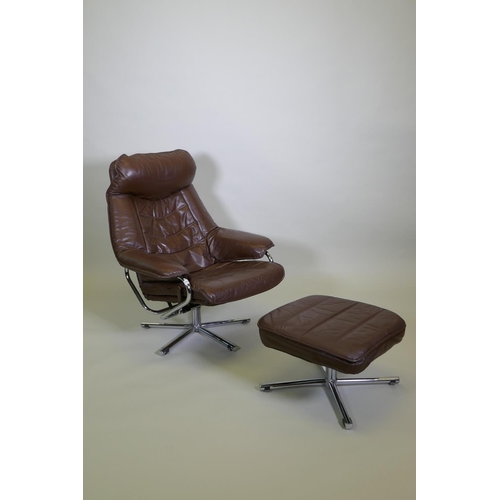 1011 - A mid century Norwegian reclining leather armchair and stool by Skoghaug Industries