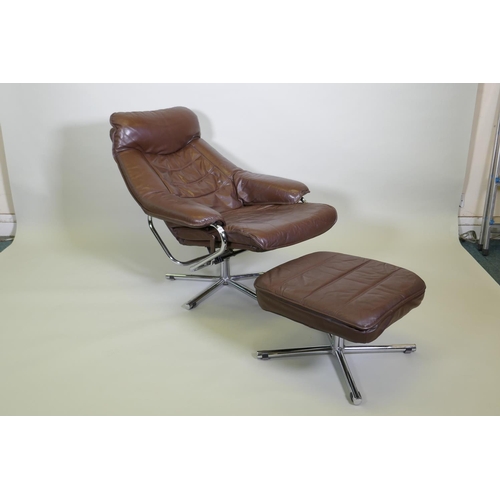 1011 - A mid century Norwegian reclining leather armchair and stool by Skoghaug Industries