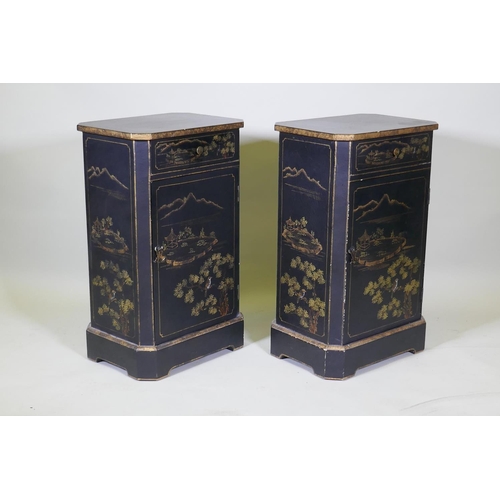 1029 - A pair of OKA bedside cabinets with single drawer over one cupboard, in black lacquer with gilt chin... 