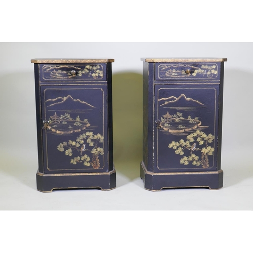 1029 - A pair of OKA bedside cabinets with single drawer over one cupboard, in black lacquer with gilt chin... 