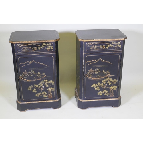 1029 - A pair of OKA bedside cabinets with single drawer over one cupboard, in black lacquer with gilt chin... 