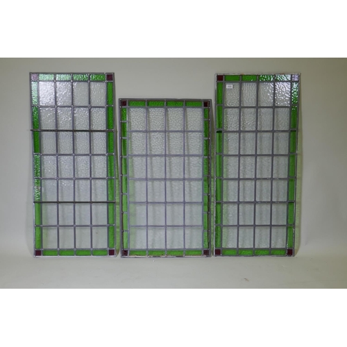 1035 - Three leaded and stained glass windows, largest 50 x 112cm