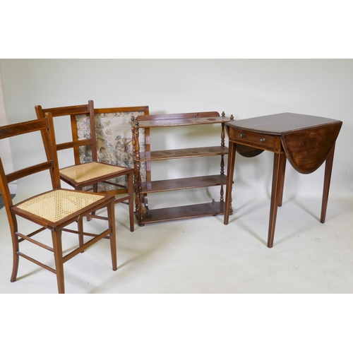 1065 - A C19th mahogany four tier open hanging shelf, with turned baluster shaped supports, 69 x 20 x 71cm,... 