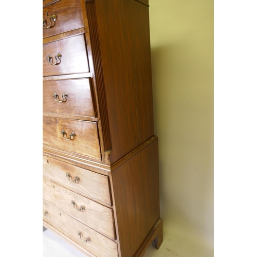 1069 - A Georgian mahogany chest on chest, the upper section with dentil cornice and canted and reeded corn... 