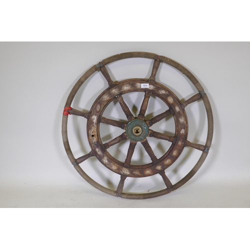 1074 - A vintage teak ship's wheel, 80cm diameter