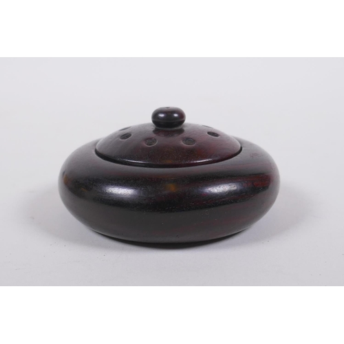 10 - A Chinese carved and turned zitan wood censer and cover, 9cm diameter