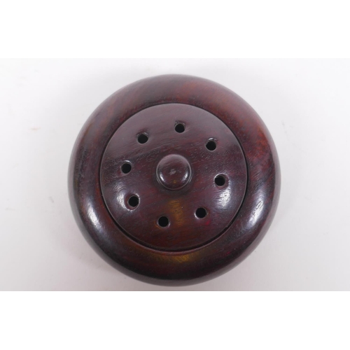 10 - A Chinese carved and turned zitan wood censer and cover, 9cm diameter