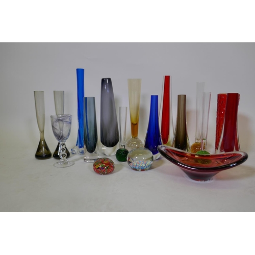 113 - A collection of vintage studio glass vases in the style of Whitefriars, a goblet, bowl and two mille... 