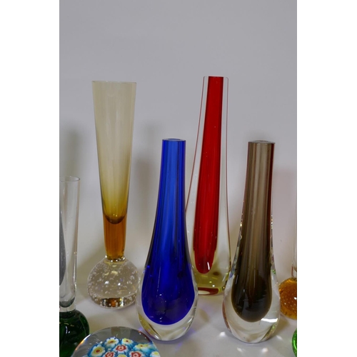 113 - A collection of vintage studio glass vases in the style of Whitefriars, a goblet, bowl and two mille... 