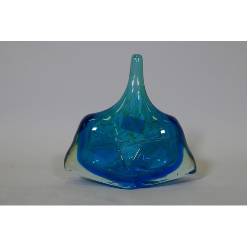 114 - A blue glass fish or axe head vase, probably Mdina, after Michael Harris, unsigned, 18cm high