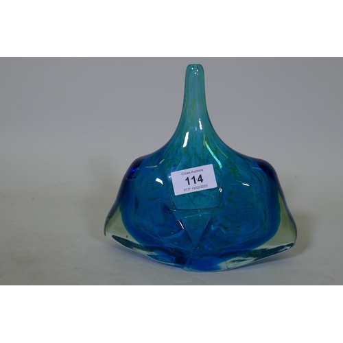 114 - A blue glass fish or axe head vase, probably Mdina, after Michael Harris, unsigned, 18cm high