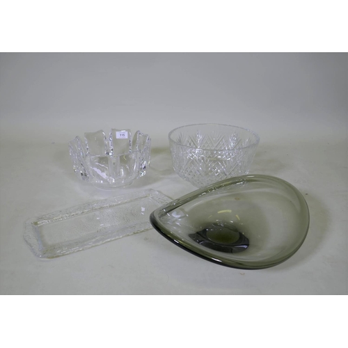 115 - A Brierley cut glass bowl, 25cm diameter, an Orrefors 'Corona' bowl, a glass dish and bowl, signed i... 