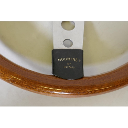 116 - A Mountney chrome and wood car steering wheel, 34cm diameter