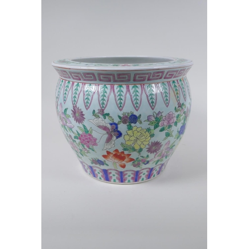 120 - A Chinese famille rose enamelled porcelain jardiniere, decorated with butterflies amongst flowers, s... 