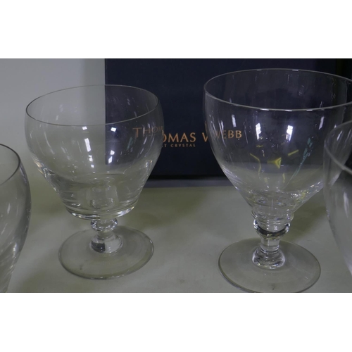 122 - A pair of Thomas Webb drinking glasses, Victorian custard glasses, C19th glass beehive honey pot and... 