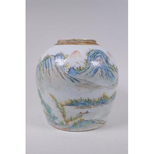 130 - A C19th Chinese porcelain ginger jar with famille verte mountain river landscape decoration, inscrip... 