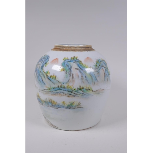 130 - A C19th Chinese porcelain ginger jar with famille verte mountain river landscape decoration, inscrip... 