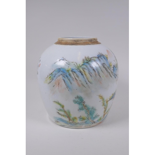 130 - A C19th Chinese porcelain ginger jar with famille verte mountain river landscape decoration, inscrip... 